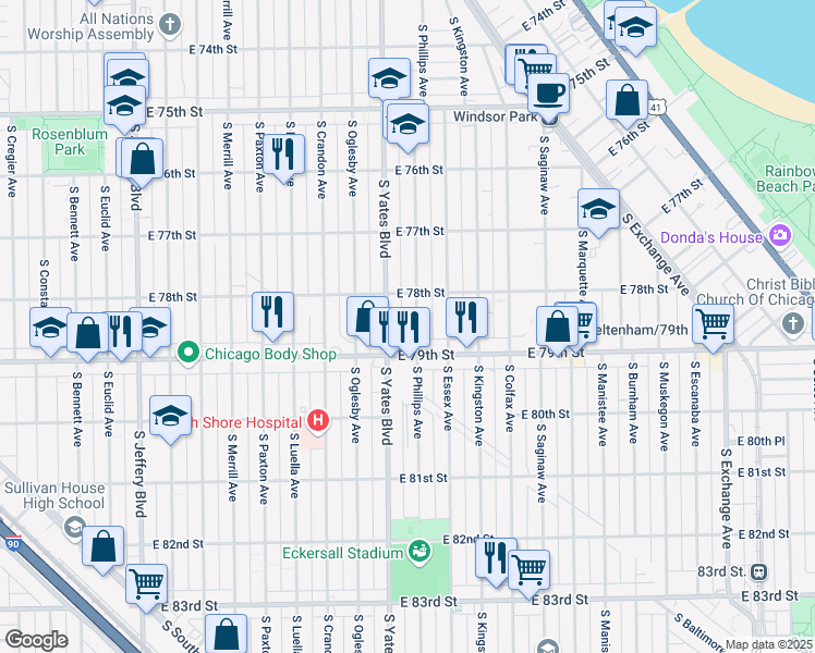 map of restaurants, bars, coffee shops, grocery stores, and more near 7834 South Phillips Avenue in Chicago