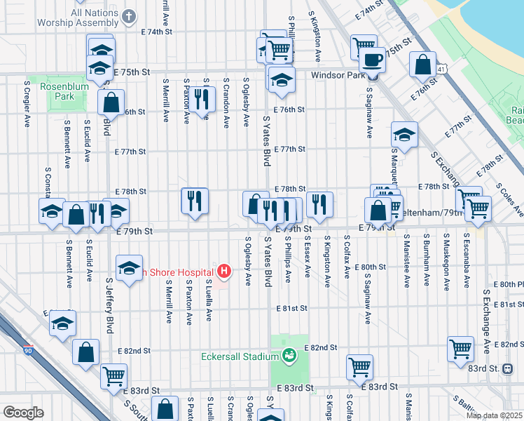 map of restaurants, bars, coffee shops, grocery stores, and more near 7835 South Oglesby Avenue in Chicago