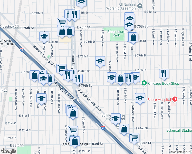 map of restaurants, bars, coffee shops, grocery stores, and more near 7829 South Ridgeland Avenue in Chicago