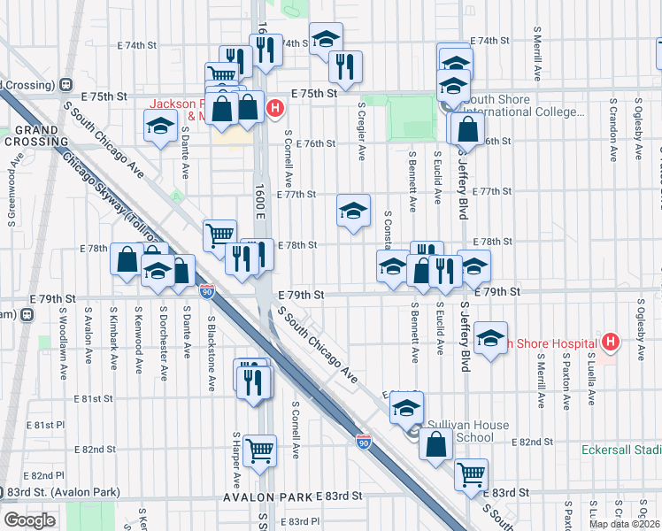 map of restaurants, bars, coffee shops, grocery stores, and more near 7829 South Ridgeland Avenue in Chicago