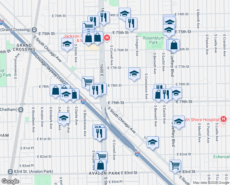 map of restaurants, bars, coffee shops, grocery stores, and more near 7826 South East End Avenue in Chicago