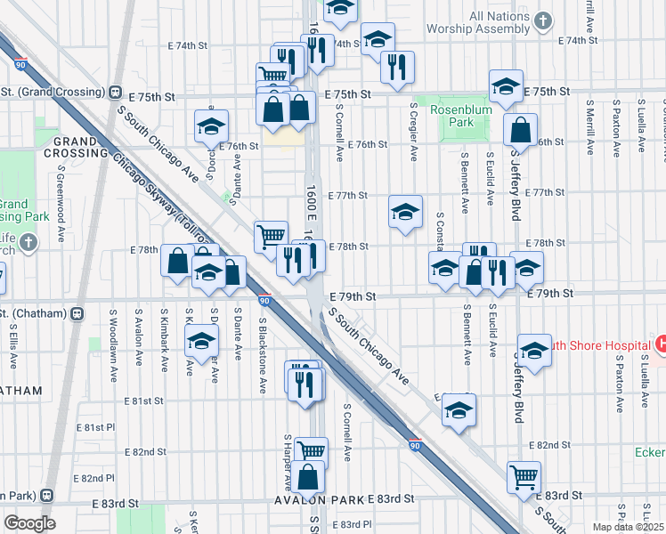 map of restaurants, bars, coffee shops, grocery stores, and more near 7824 South Cornell Avenue in Chicago