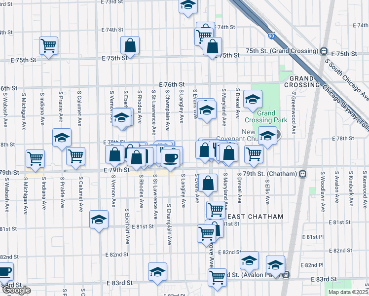 map of restaurants, bars, coffee shops, grocery stores, and more near 7817 South Langley Avenue in Chicago
