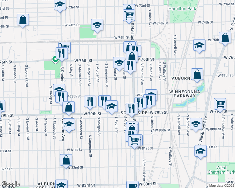 map of restaurants, bars, coffee shops, grocery stores, and more near 7757 South Peoria Street in Chicago
