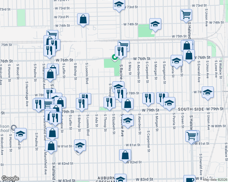 map of restaurants, bars, coffee shops, grocery stores, and more near 7756 South Throop Street in Chicago