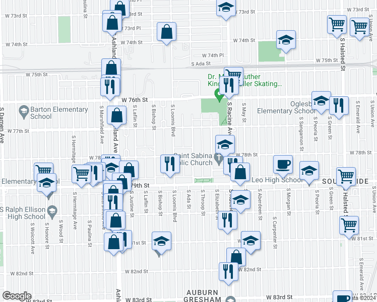 map of restaurants, bars, coffee shops, grocery stores, and more near 7758 South Ada Street in Chicago