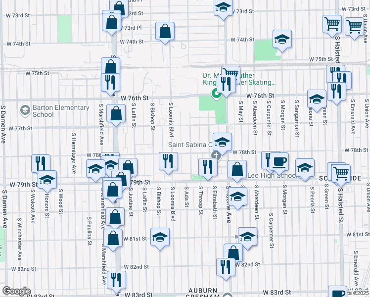 map of restaurants, bars, coffee shops, grocery stores, and more near 7758 South Ada Street in Chicago
