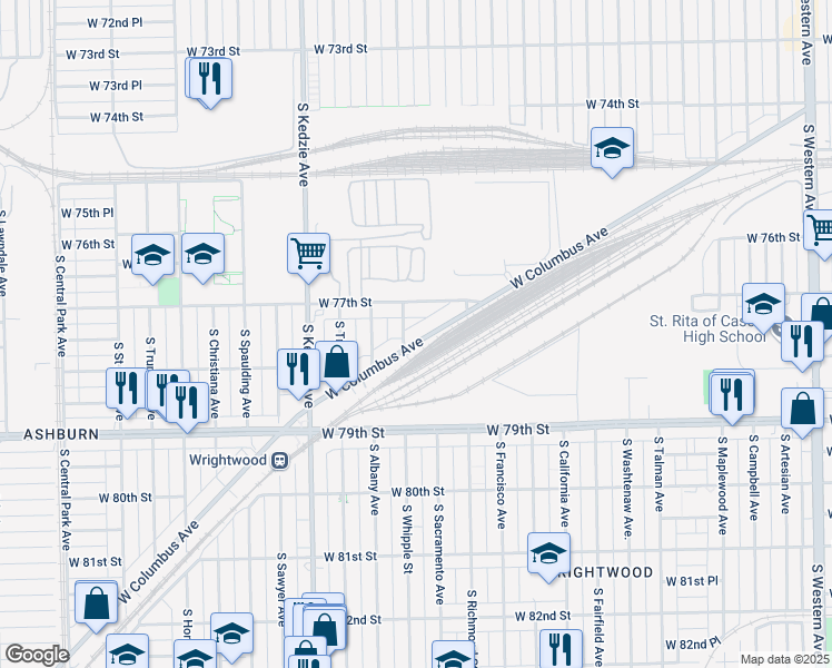 map of restaurants, bars, coffee shops, grocery stores, and more near 7730 South Whipple Street in Chicago