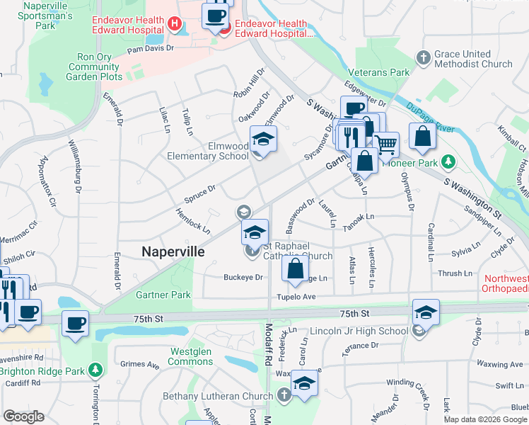 map of restaurants, bars, coffee shops, grocery stores, and more near 1120 Modaff Road in Naperville