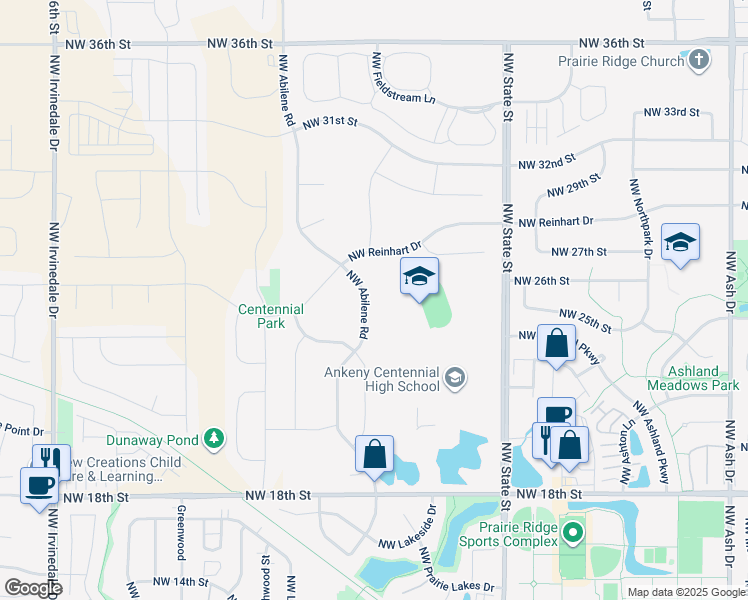 map of restaurants, bars, coffee shops, grocery stores, and more near 2509 Northwest Abilene Road in Ankeny