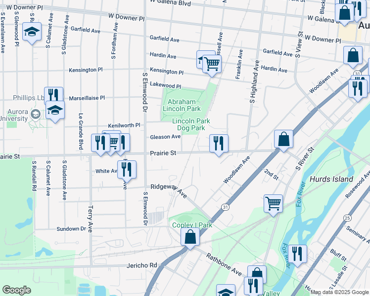 map of restaurants, bars, coffee shops, grocery stores, and more near 777 Prairie Street in Aurora