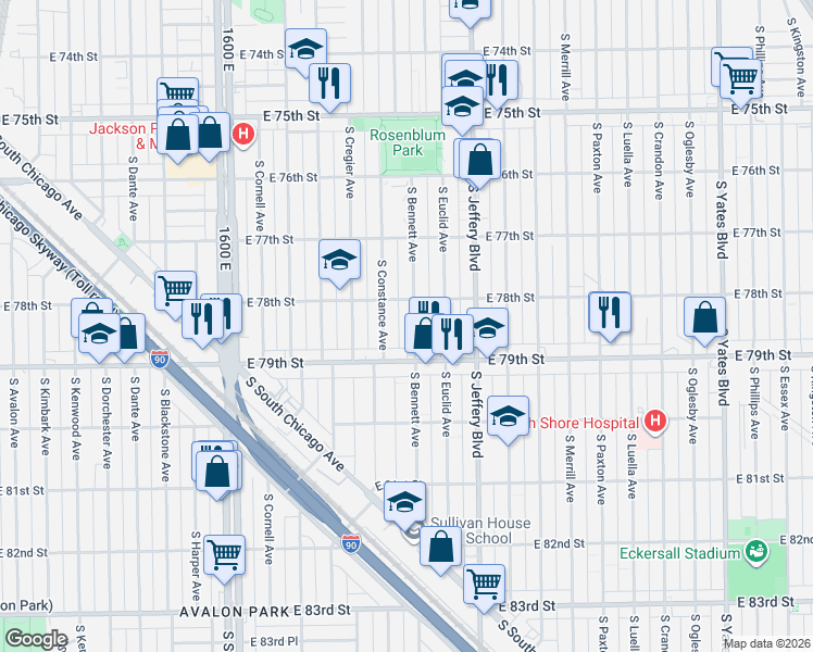 map of restaurants, bars, coffee shops, grocery stores, and more near 7830 South Bennett Avenue in Chicago