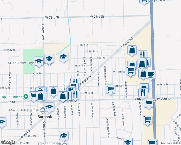 map of restaurants, bars, coffee shops, grocery stores, and more near 5226 State Road in Oak Lawn