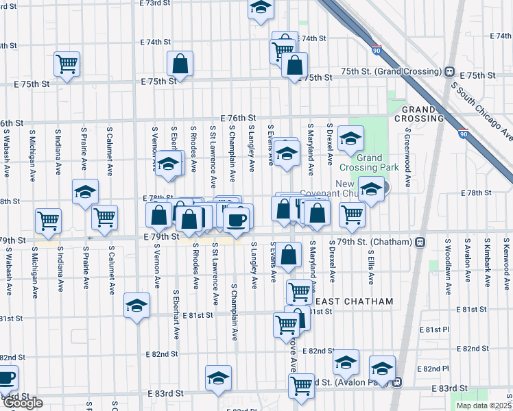 map of restaurants, bars, coffee shops, grocery stores, and more near 7817 South Langley Avenue in Chicago