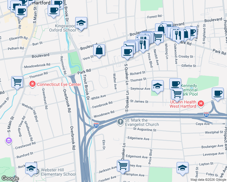 map of restaurants, bars, coffee shops, grocery stores, and more near 28 White Avenue in West Hartford
