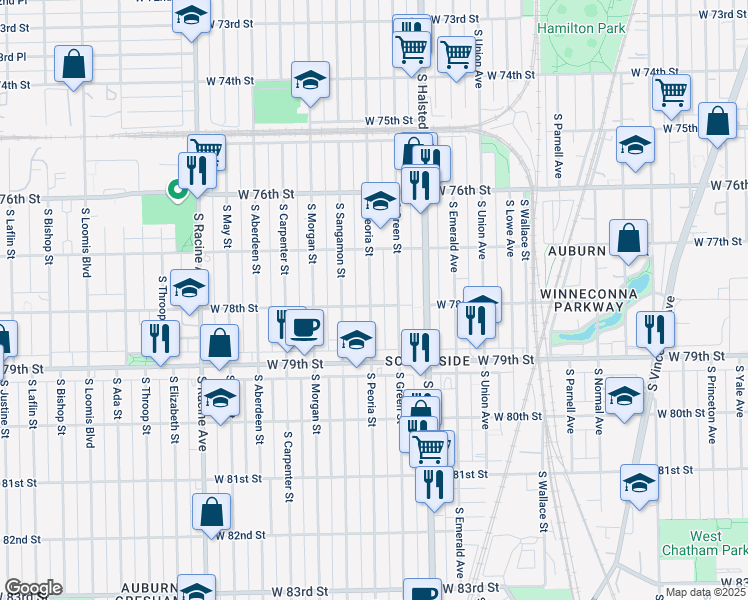 map of restaurants, bars, coffee shops, grocery stores, and more near 7757 South Peoria Street in Chicago