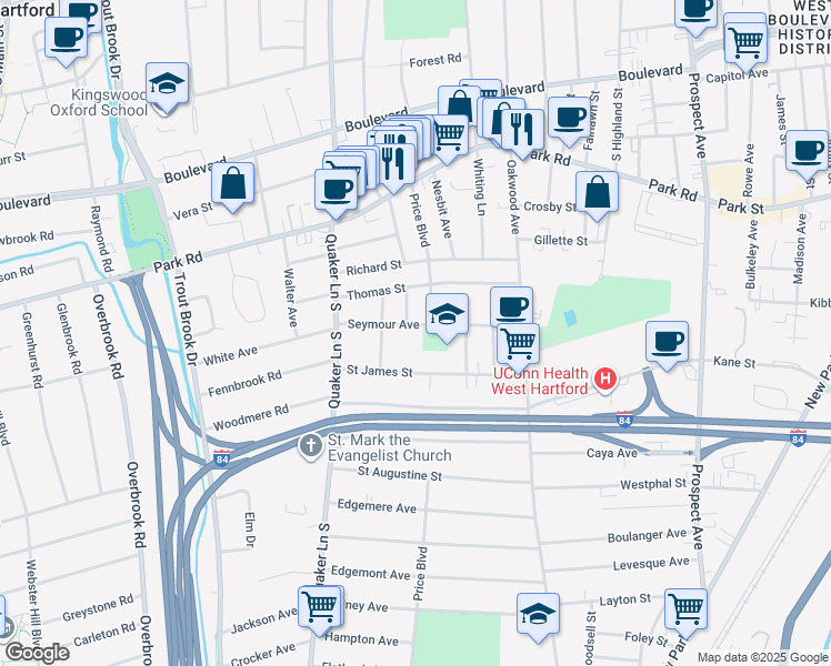map of restaurants, bars, coffee shops, grocery stores, and more near 89 Seymour Avenue in West Hartford