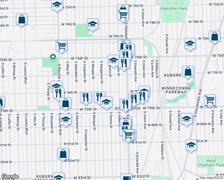 map of restaurants, bars, coffee shops, grocery stores, and more near 7757 South Peoria Street in Chicago