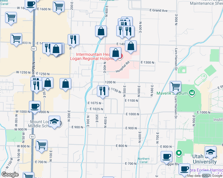 map of restaurants, bars, coffee shops, grocery stores, and more near North 430 East in Logan