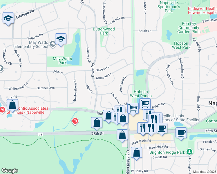 map of restaurants, bars, coffee shops, grocery stores, and more near 1252 Ashton Lane in Naperville