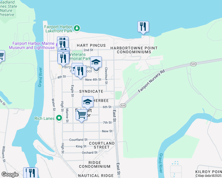 map of restaurants, bars, coffee shops, grocery stores, and more near 535 5th Street in Fairport Harbor