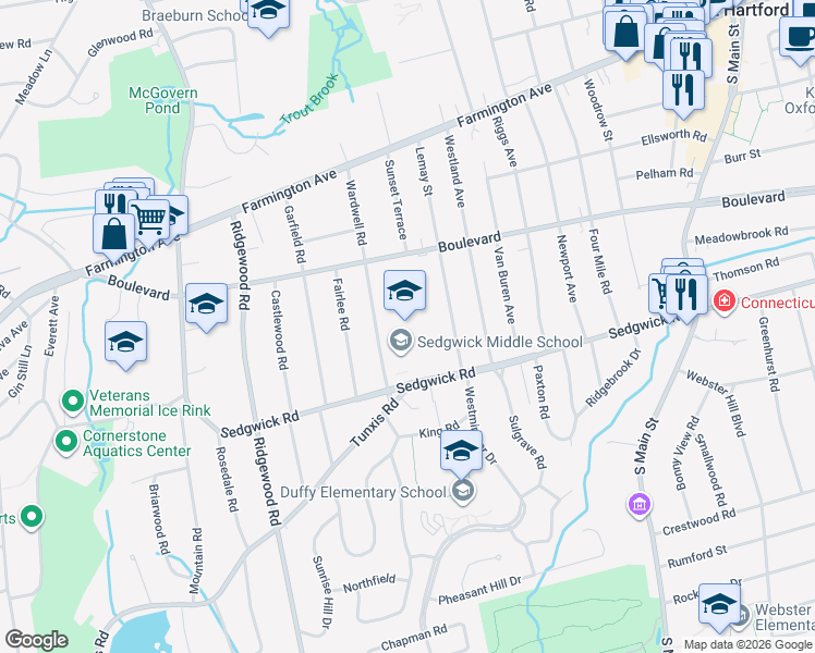 map of restaurants, bars, coffee shops, grocery stores, and more near 128 Sedgwick Road in West Hartford
