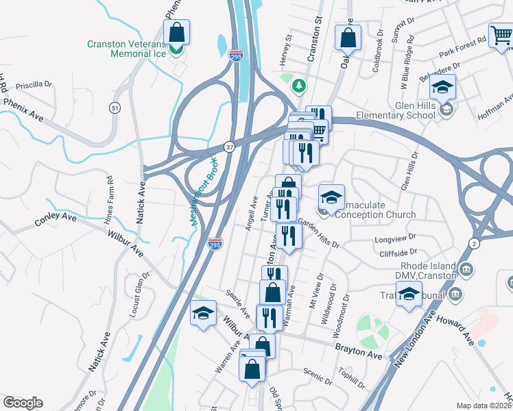 map of restaurants, bars, coffee shops, grocery stores, and more near 123 Angell Avenue in Cranston