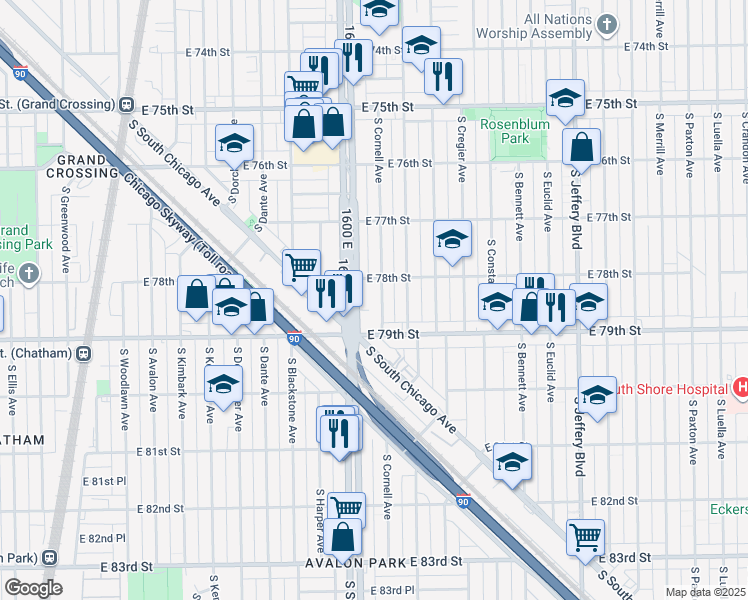 map of restaurants, bars, coffee shops, grocery stores, and more near 7822 South Cornell Avenue in Chicago