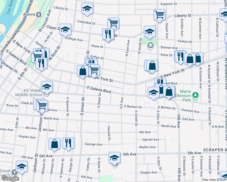 map of restaurants, bars, coffee shops, grocery stores, and more near 774 East Galena Boulevard in Aurora