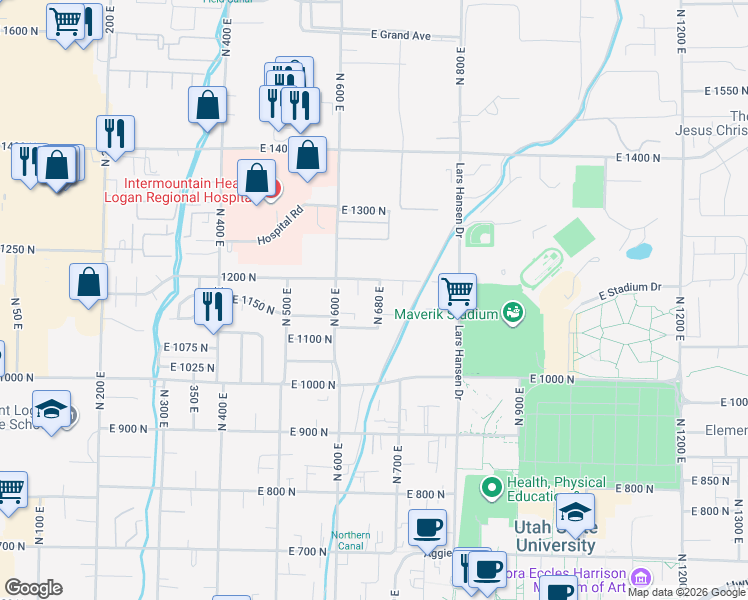 map of restaurants, bars, coffee shops, grocery stores, and more near 1167 North 680 East in Logan