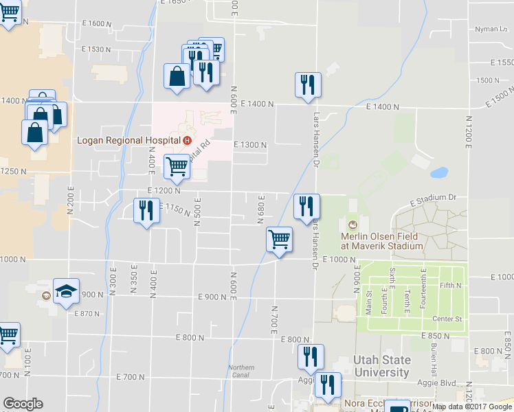 map of restaurants, bars, coffee shops, grocery stores, and more near 1167 North 680 East in Logan