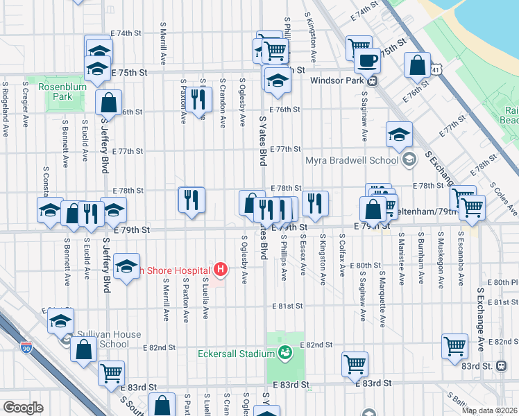 map of restaurants, bars, coffee shops, grocery stores, and more near 7835 South Oglesby Avenue in Chicago