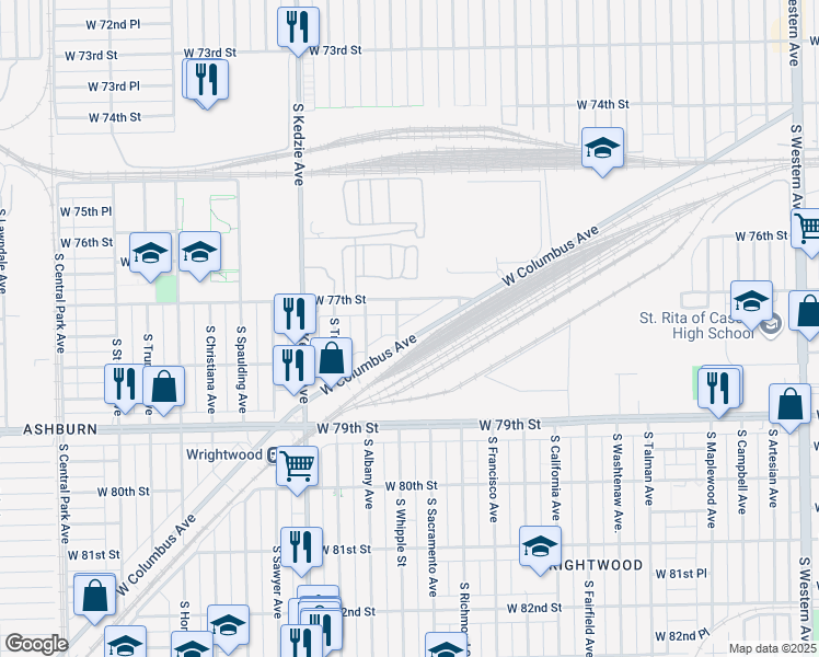 map of restaurants, bars, coffee shops, grocery stores, and more near 7730 South Whipple Street in Chicago