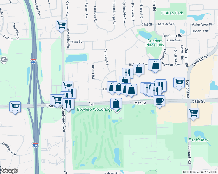 map of restaurants, bars, coffee shops, grocery stores, and more near 1622 Hall Street in Downers Grove