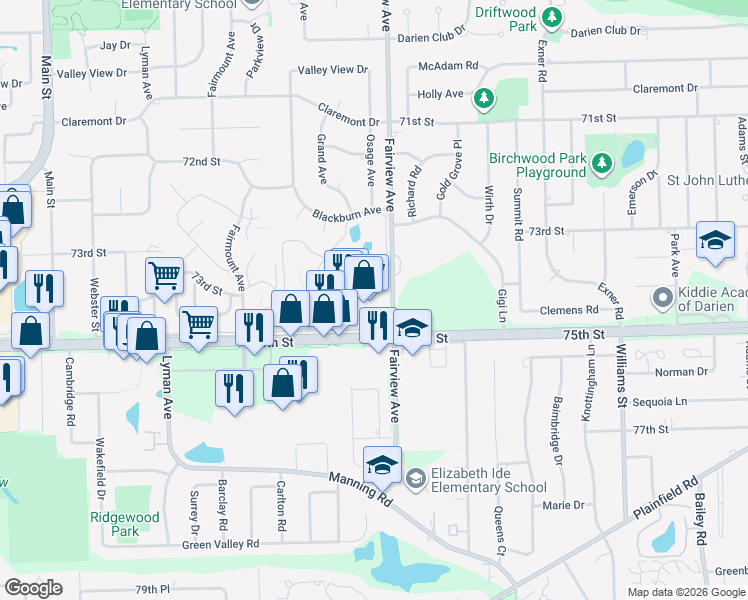 map of restaurants, bars, coffee shops, grocery stores, and more near 402 75th Street in Downers Grove