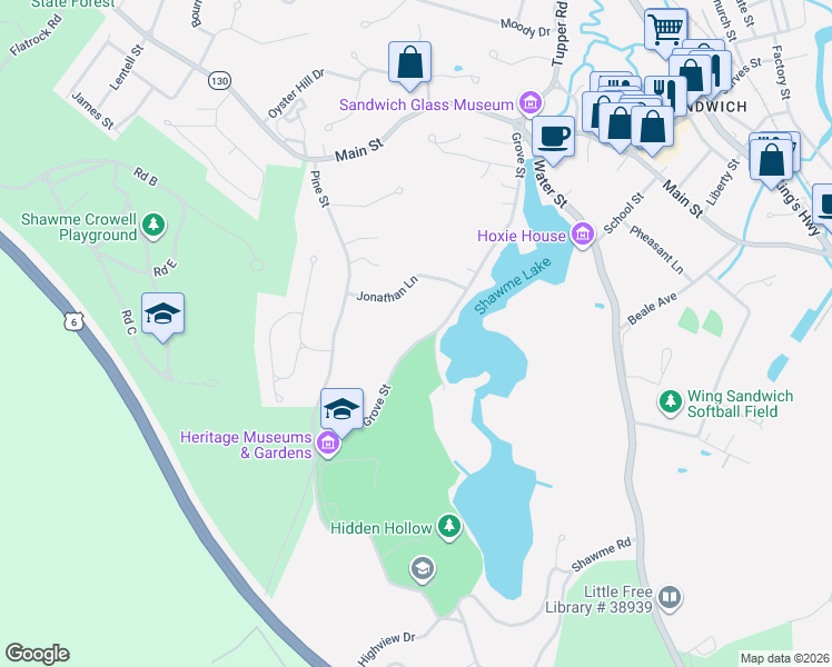 map of restaurants, bars, coffee shops, grocery stores, and more near 39 Grove Street in Sandwich