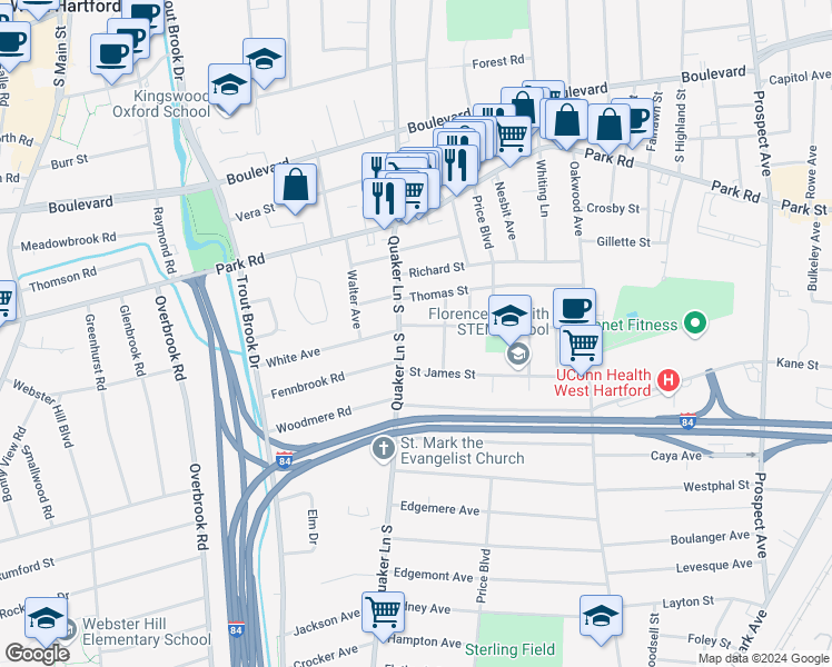 map of restaurants, bars, coffee shops, grocery stores, and more near 141 Seymour Avenue in West Hartford
