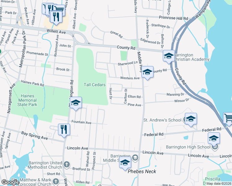 map of restaurants, bars, coffee shops, grocery stores, and more near 5 Deerfield Drive in Barrington