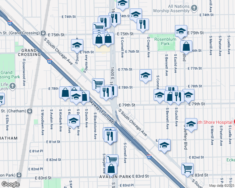 map of restaurants, bars, coffee shops, grocery stores, and more near 7824 South Cornell Avenue in Chicago