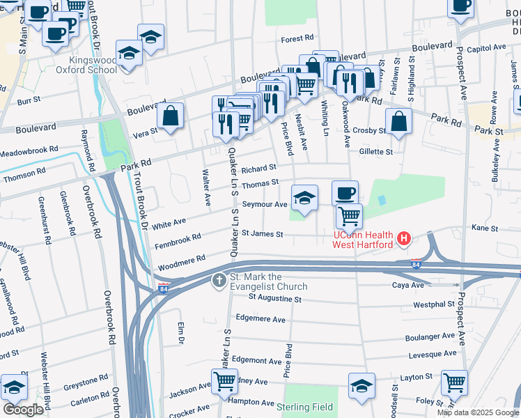 map of restaurants, bars, coffee shops, grocery stores, and more near 121 Seymour Avenue in West Hartford