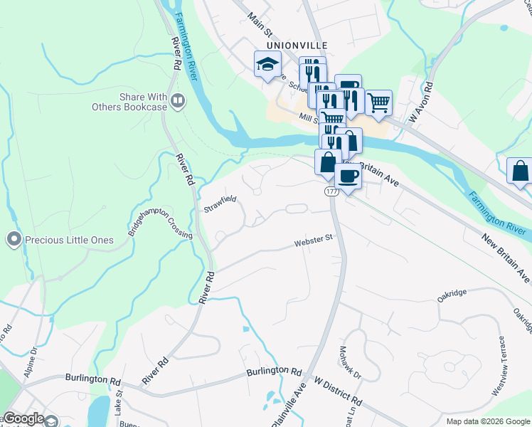 map of restaurants, bars, coffee shops, grocery stores, and more near 2 Chatham Court in Farmington