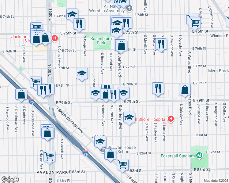 map of restaurants, bars, coffee shops, grocery stores, and more near 7828 South Euclid Avenue in Chicago