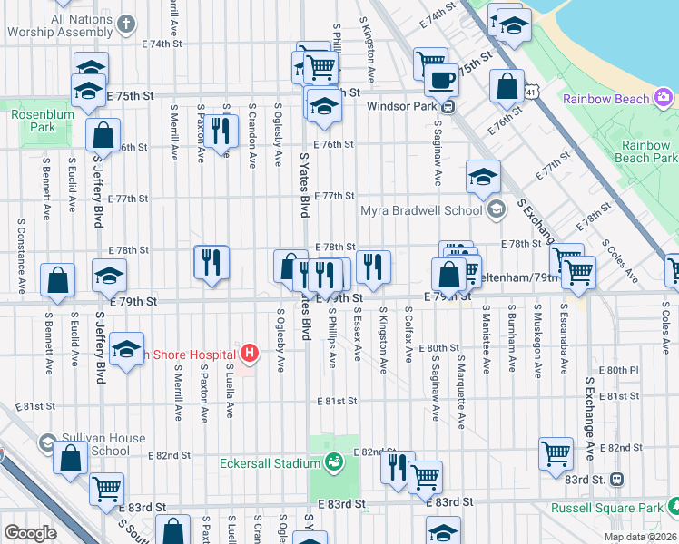 map of restaurants, bars, coffee shops, grocery stores, and more near 7829 South Phillips Avenue in Chicago
