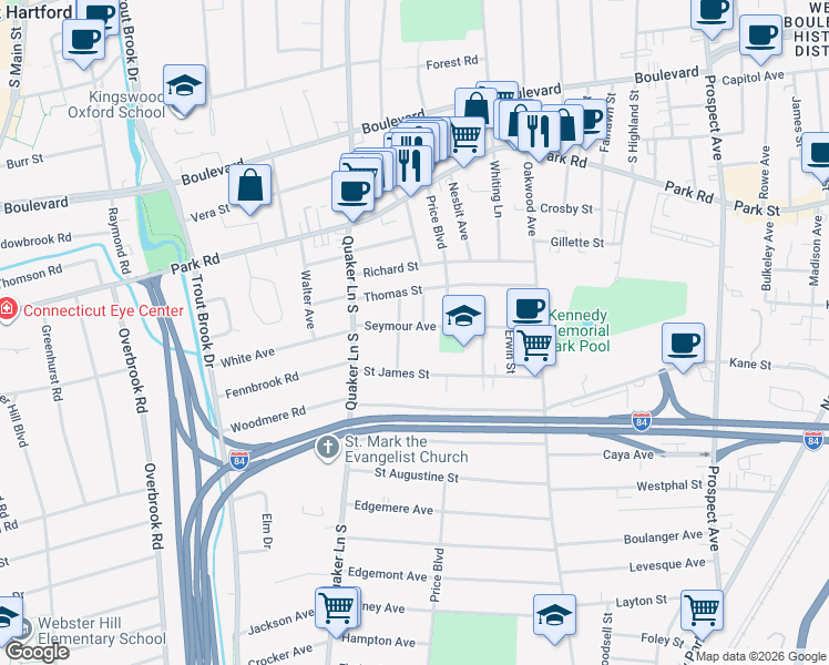 map of restaurants, bars, coffee shops, grocery stores, and more near 121 Seymour Avenue in West Hartford