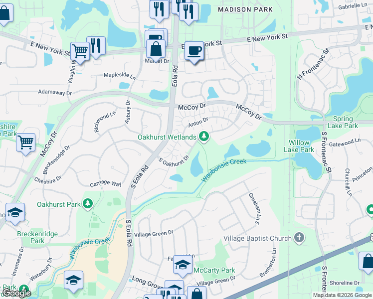 map of restaurants, bars, coffee shops, grocery stores, and more near 3002 Anton Drive in Aurora