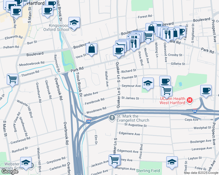 map of restaurants, bars, coffee shops, grocery stores, and more near 28 White Avenue in West Hartford