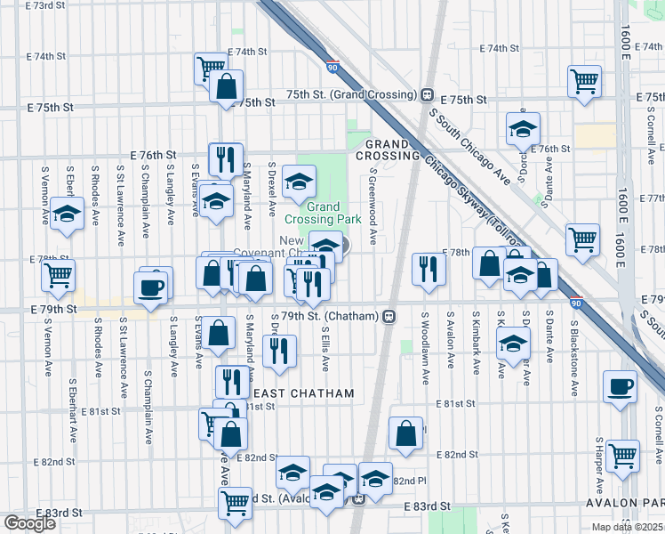 map of restaurants, bars, coffee shops, grocery stores, and more near 7825 South Ellis Avenue in Chicago