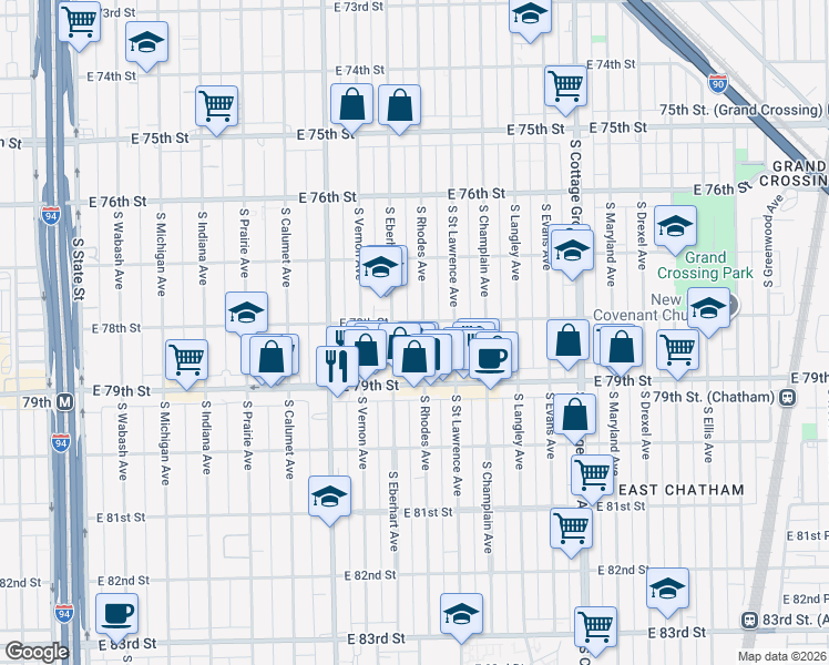 map of restaurants, bars, coffee shops, grocery stores, and more near 7817 South Eberhart Avenue in Chicago
