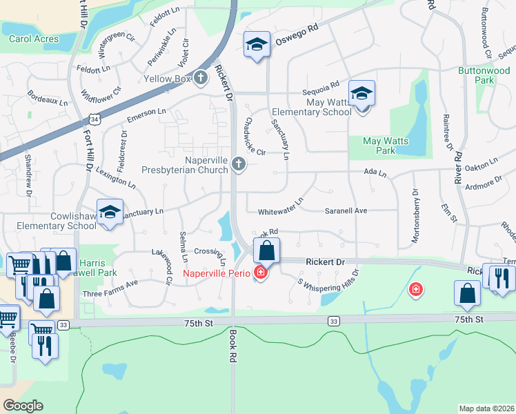 map of restaurants, bars, coffee shops, grocery stores, and more near 1031 Whitewater Lane in Naperville