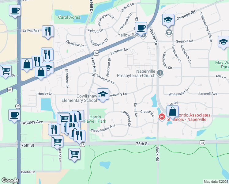 map of restaurants, bars, coffee shops, grocery stores, and more near 1107 Sanctuary Lane in Naperville